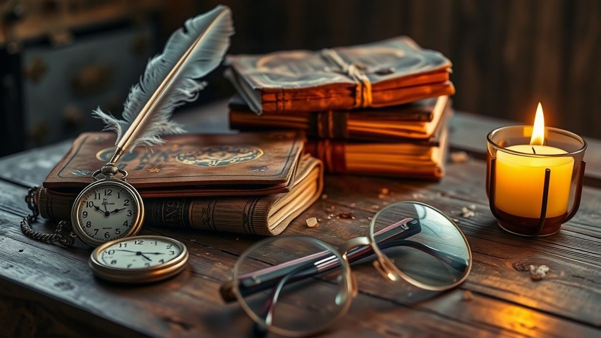 Imagen ilustrativa: objetos mágicos sobre una mesa de madera antigua, con un reloj, una pluma y libros antiguos