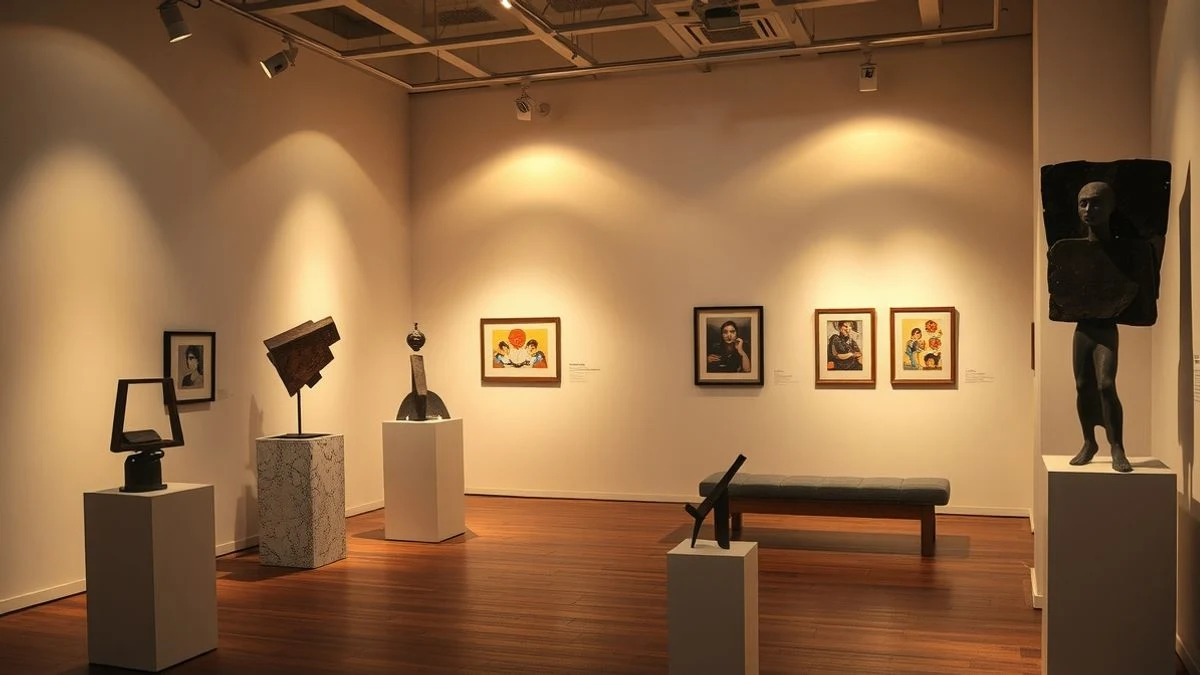 Imagen ilustrativa: Sala de museo con esculturas abstractas de hierro y collages enmarcados bajo luz artificial tenue.