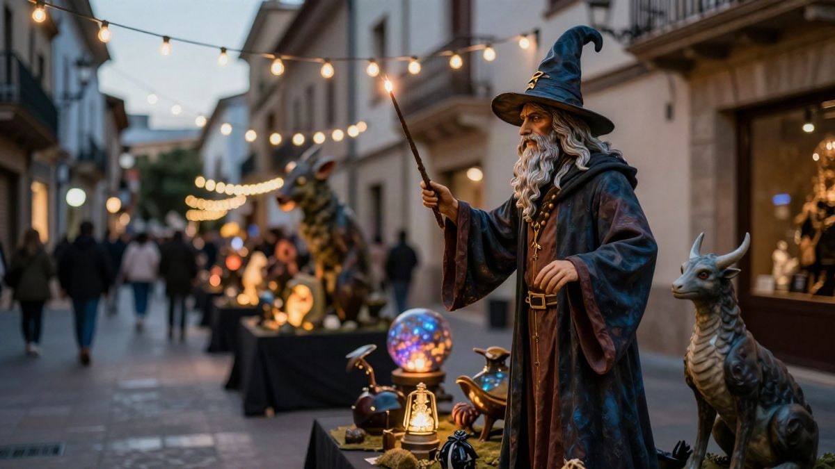 Imagen ilustrativa: figura de un mago a tamaño real con varita en una exposición al aire libre al atardecer