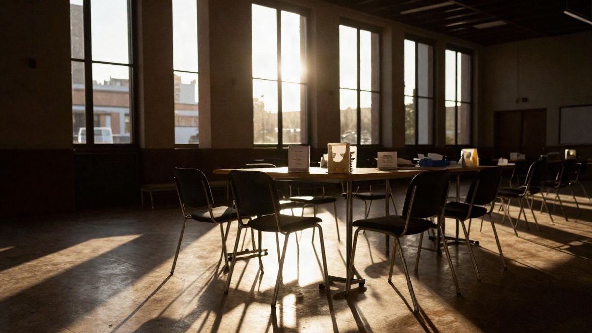 Imagen ilustrativa: interior de un teatro con sillas vacías y una mesa de donación a contraluz al atardecer