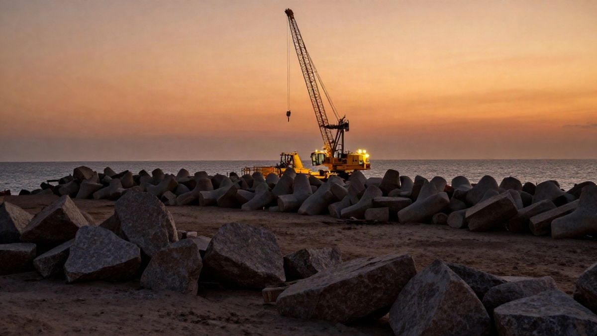 Imagen ilustrativa: obras de un espigón en una playa al atardecer con maquinaria y piedras, sin personas reconocibles