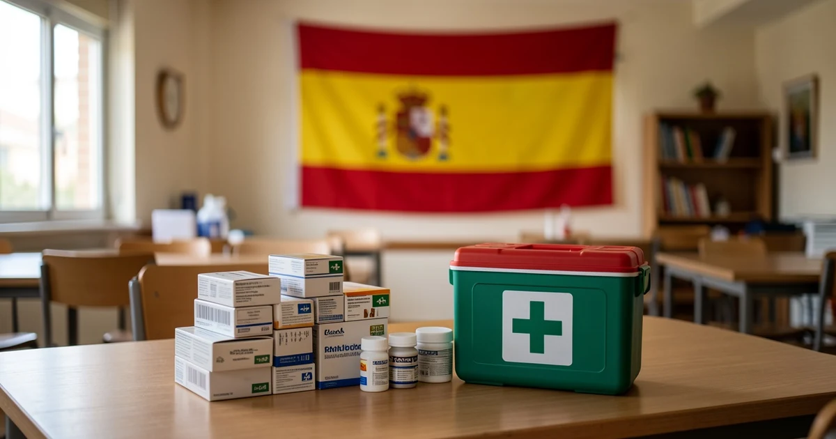 Medical supplies and a first aid kit on a table in a volunteer centre