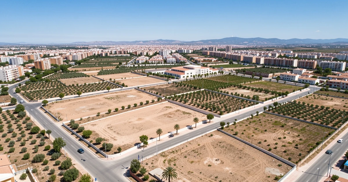 Aerial view of the Camino de las Mesas sector in Estepona, with empty plots and streets