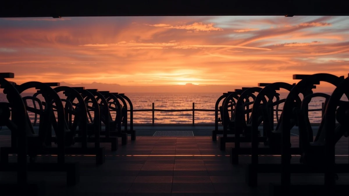 Illustrative image: empty triathlon transition area at sunset, with bike racks and the sea in the background