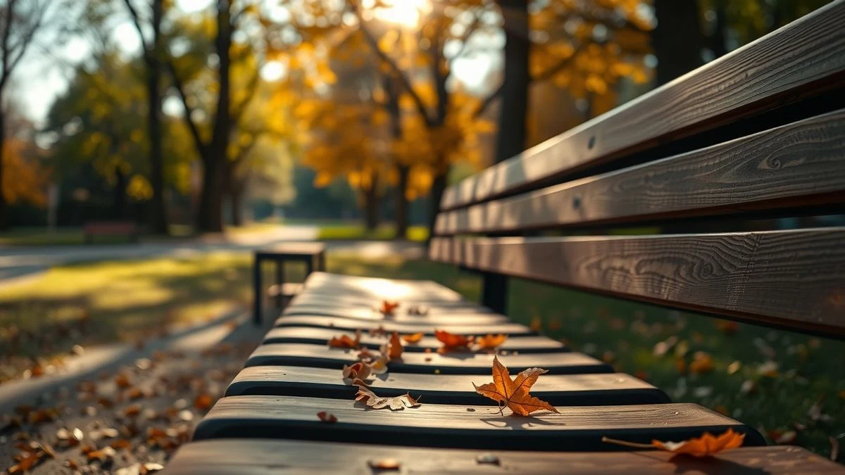 Banco de madera en un parque con hojas de otoño, luz dorada del atardecer