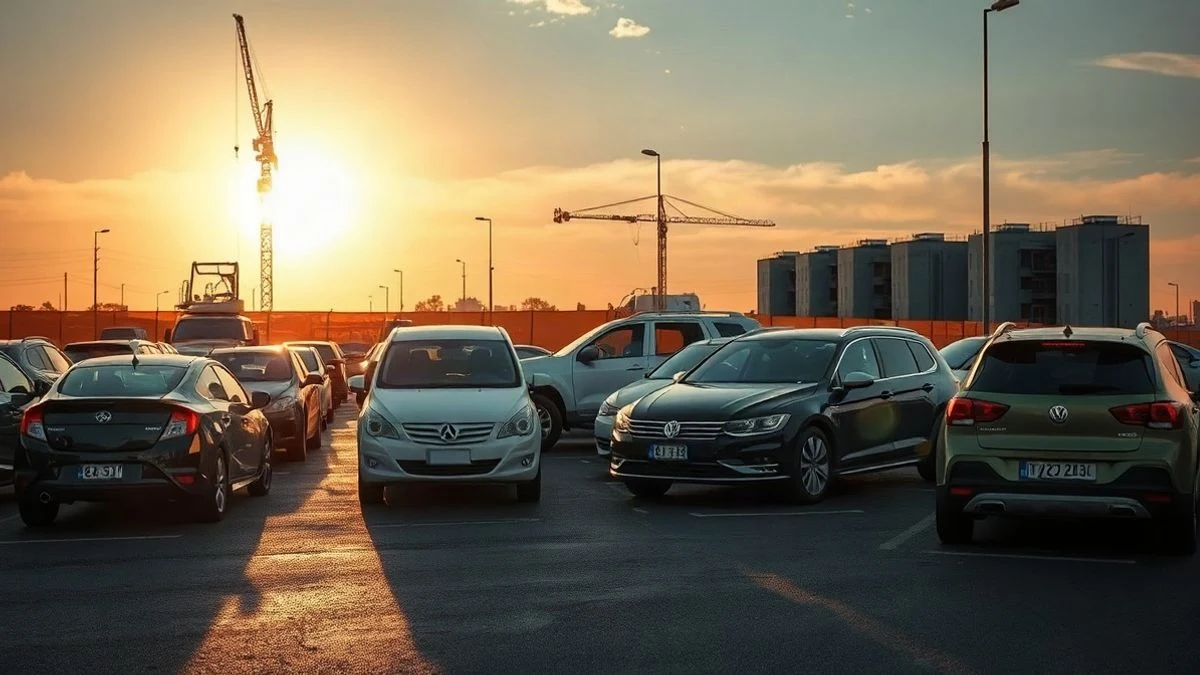 Imagen ilustrativa: un solar urbano recién acondicionado como aparcamiento al aire libre, con coches estacionados y una grúa al fondo.