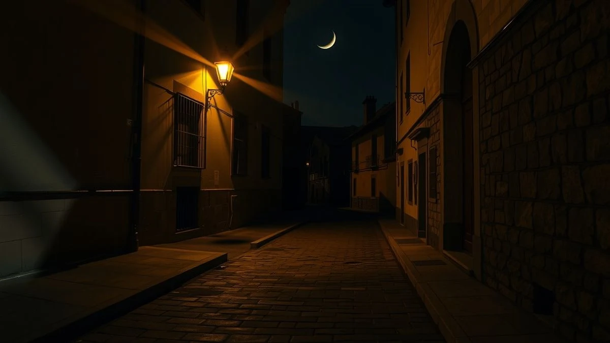 Imagen ilustrativa: una calle empedrada de un pueblo andaluz de noche, con una farola solitaria y un crespón negro simbólico en una esquina.