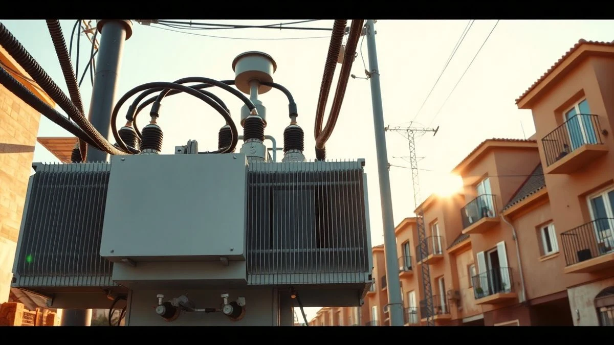 Imagen ilustrativa: una estación eléctrica moderna en una zona residencial española, con cables y conexiones nuevas, iluminada por luz cálida de tarde.