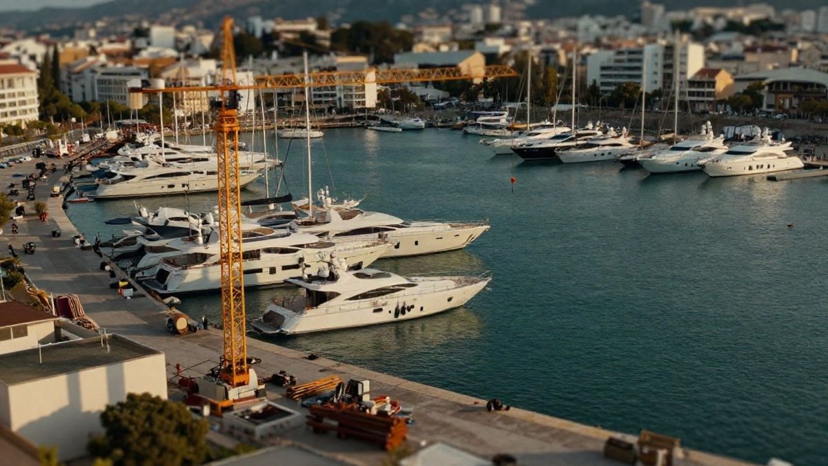 Imagen ilustrativa: vista aérea de una marina mediterránea con yates y grúas de construcción al atardecer.