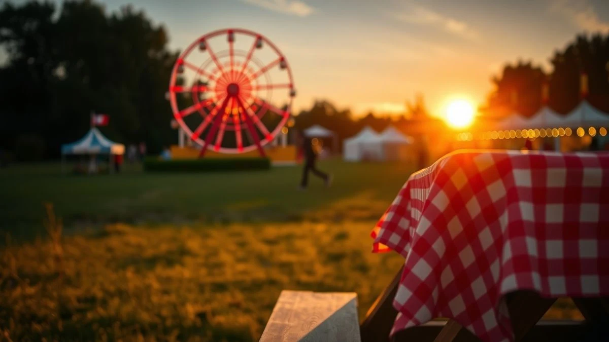 Illustrative image: a picnic table with a tablecloth and fan on the grass at sunset, with fair lights in the background