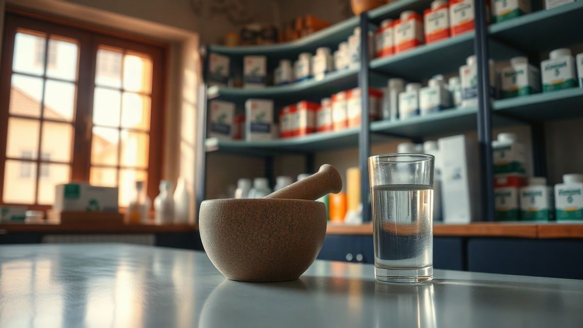 Imagen ilustrativa: mostrador de farmacia con mortero y vaso de agua, estanterías de medicamentos al fondo