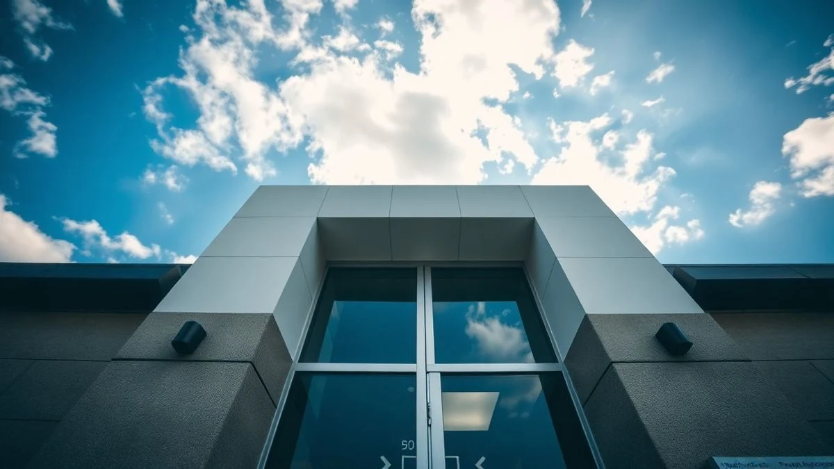 Imagen ilustrativa: fachada de un edificio institucional de servicios sociales con luz de tarde y cielo de fondo.
