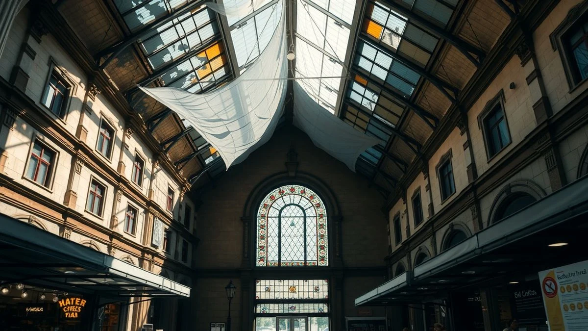 Interior del mercado de Atarazanas con el techo dañado y una lona protectora, luz natural entrando por la vidriera