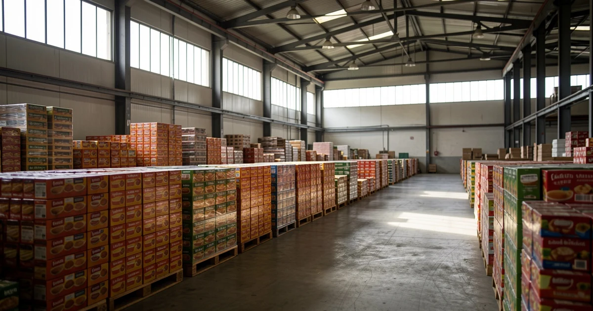 Interior of a warehouse with stacked food boxes and natural light
