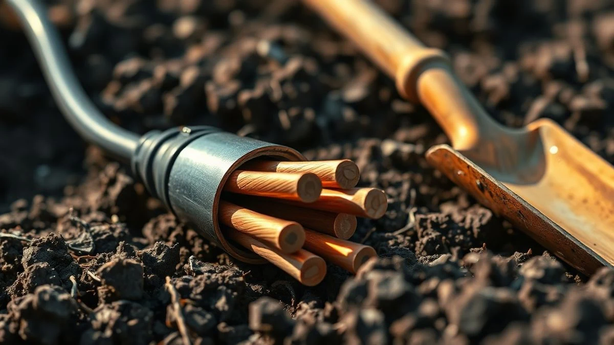 Cable eléctrico subterráneo sobre tierra con una pala al lado