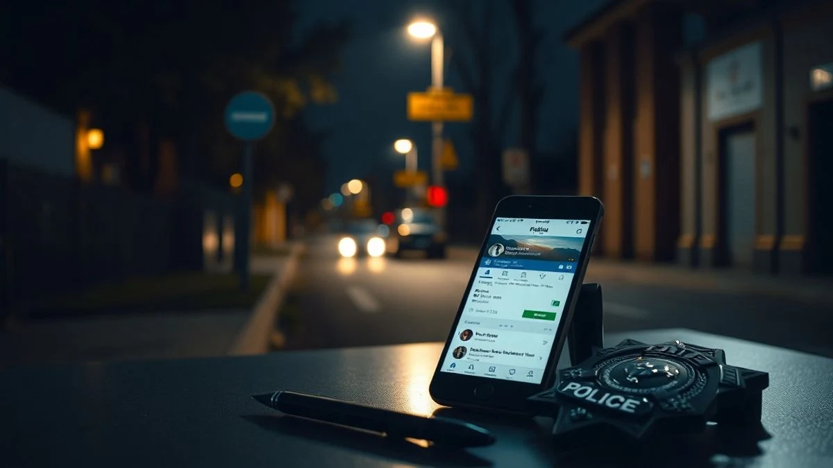 Imagen ilustrativa: un teléfono móvil sobre una mesa con un perfil de Facebook falso, junto a una placa policial y un bolígrafo, iluminado por la luz de una farola nocturna.