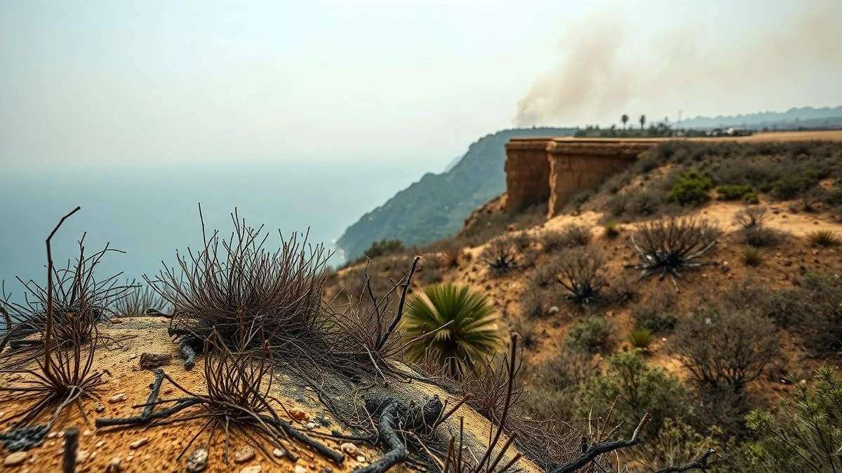 Imagen ilustrativa: acantilados mediterráneos con vegetación quemada y humo en la lejanía, al atardecer