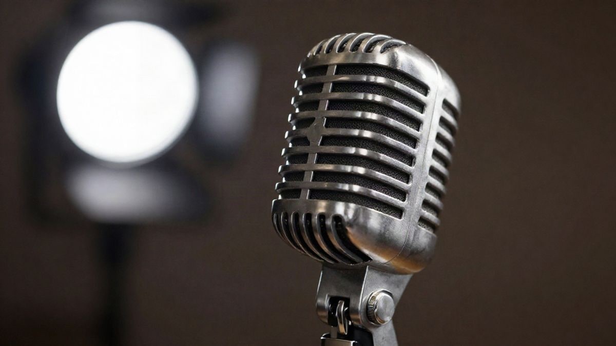 Illustrative image: an old microphone on a stage lit with blurred coloured lights