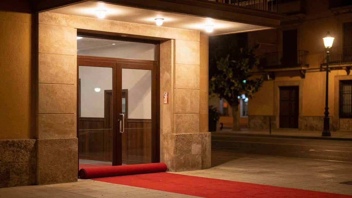 Imagen ilustrativa: entrada de un centro cultural de noche con alfombra roja y luces cálidas