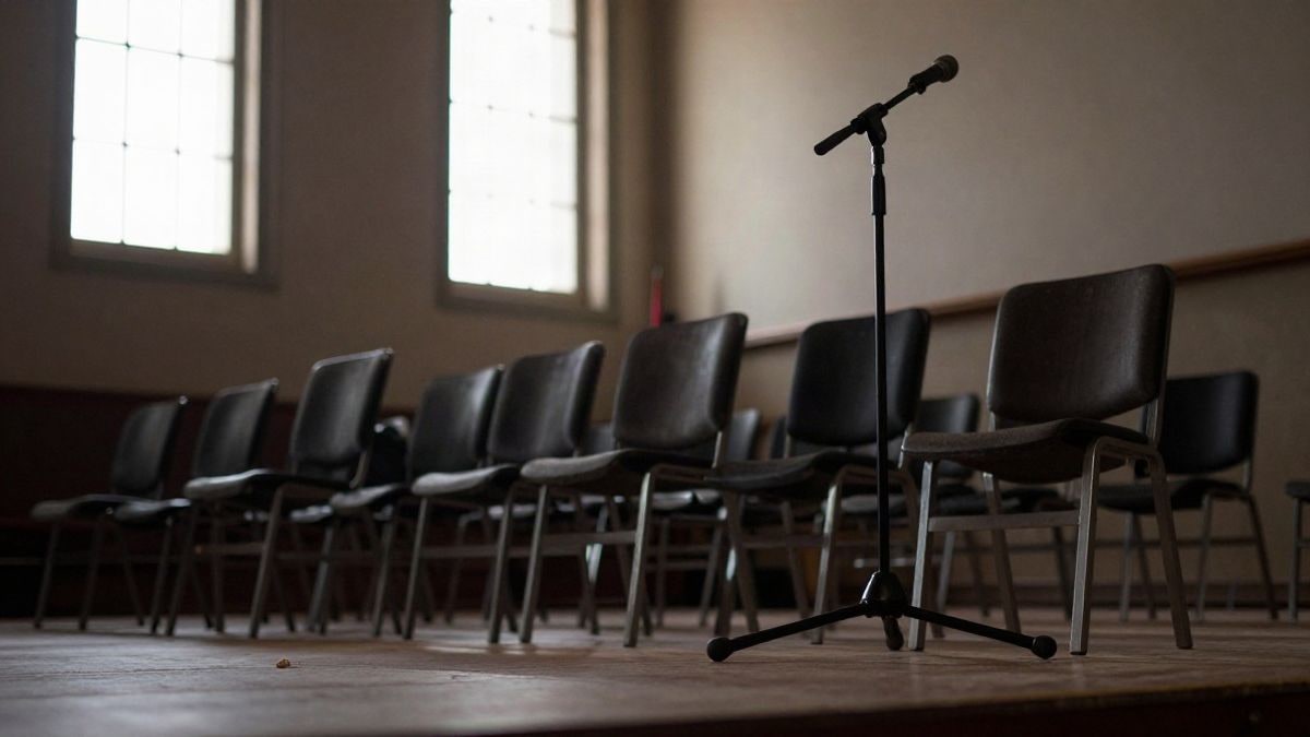 Illustrative image: empty chairs and a microphone on a stage with natural light