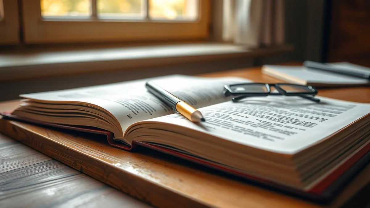 Libro abierto sobre un escritorio de madera con un lápiz y gafas, luz natural suave.