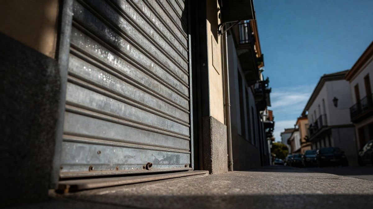 Illustrative image: a shop shutter half-open on a sunny street under a blue sky