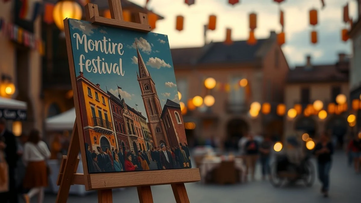 Imagen ilustrativa: cartel de feria pintado sobre caballete de madera al atardecer