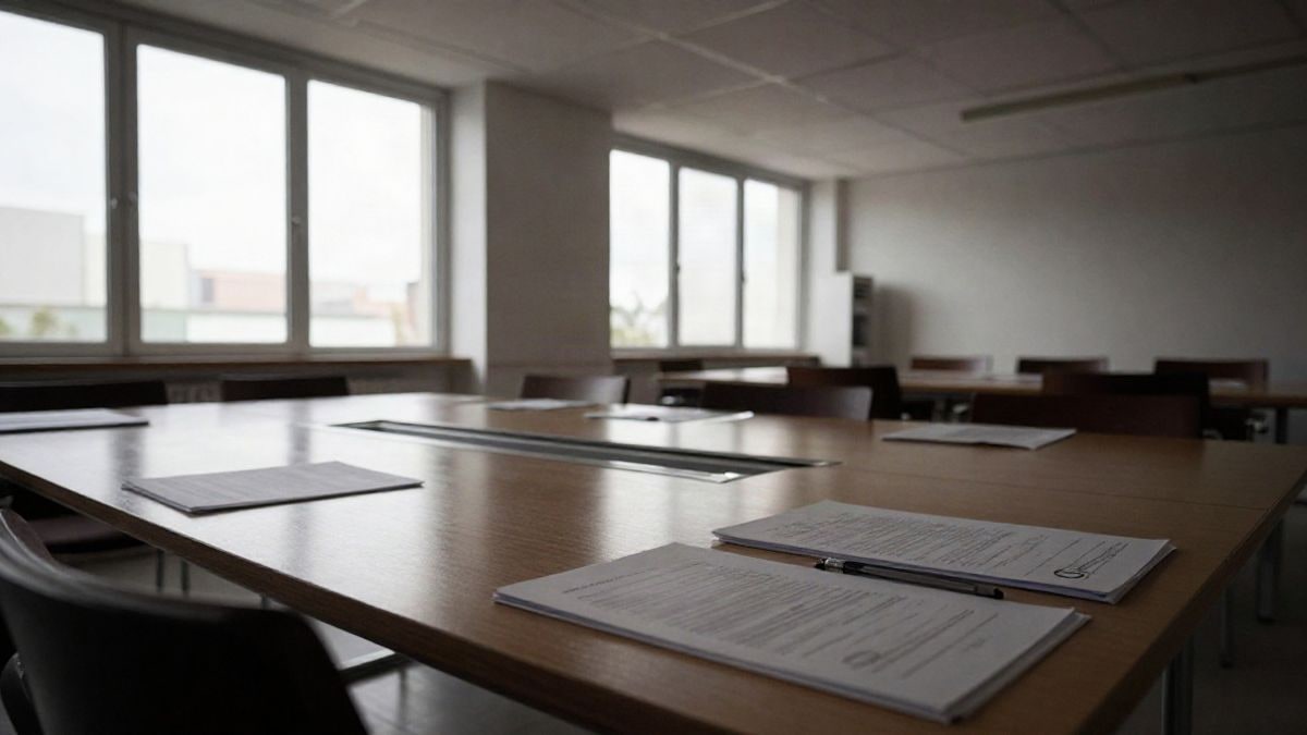 Imagen ilustrativa: sala de reuniones vacía de un ayuntamiento con luz natural de ventana lateral