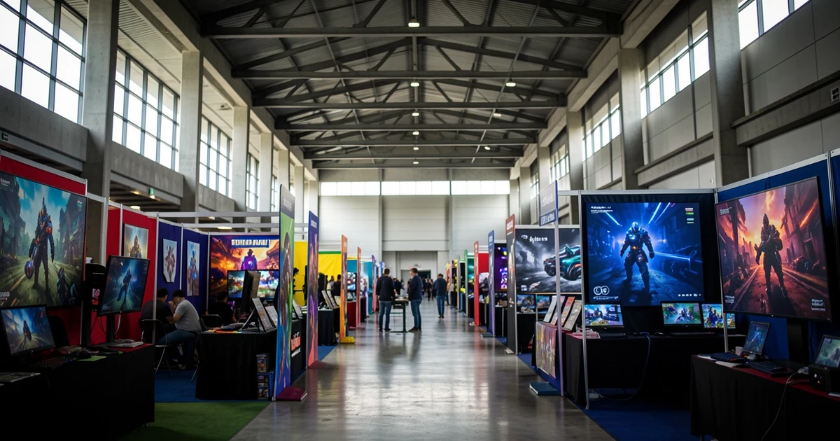 Interior del Palacio de Ferias de Málaga con expositores y pantallas de videojuegos