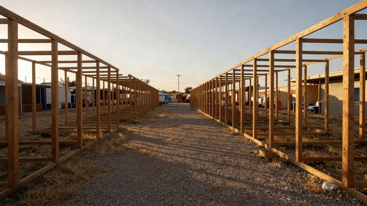 Illustrative image: empty plots of a fairground at sunset with booth structures