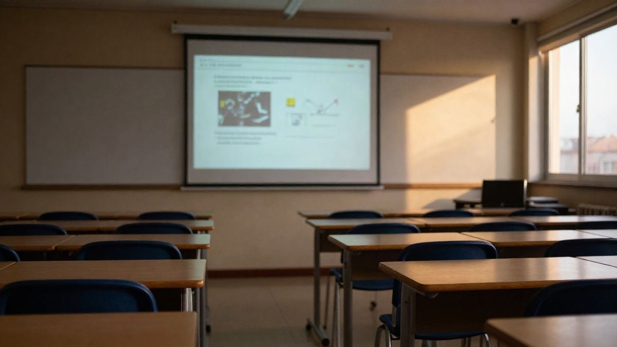 Imagen ilustrativa: aula vacía con pupitres y una pantalla de proyección encendida
