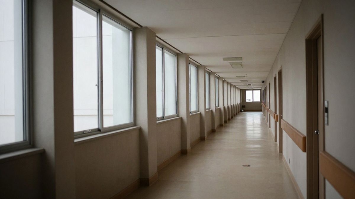Imagen ilustrativa: un pasillo hospitalario moderno y vacío con líneas que convergen hacia el fondo