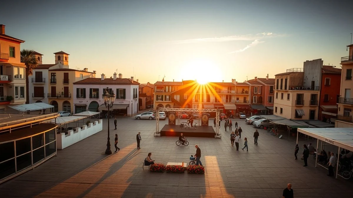 Renovated Plaza de la Nogalera with festive decorations at sunset in Torremolinos