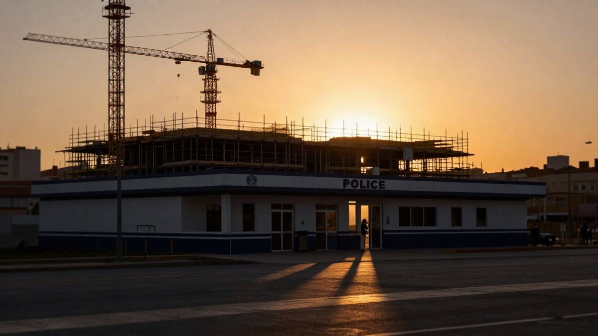 Imagen ilustrativa: contraluz al atardecer de una comisaría genérica en obras con grúas y andamios