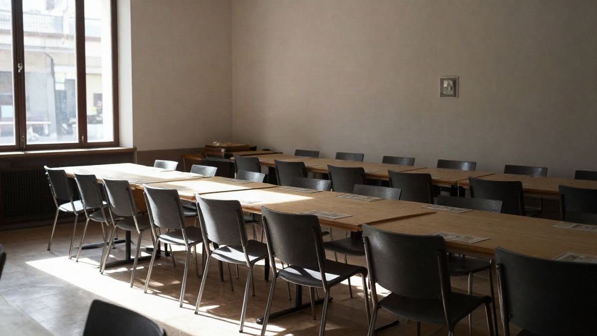 Imagen ilustrativa: interior de un salón municipal con mesas preparadas para un almuerzo comunitario junto a una ventana