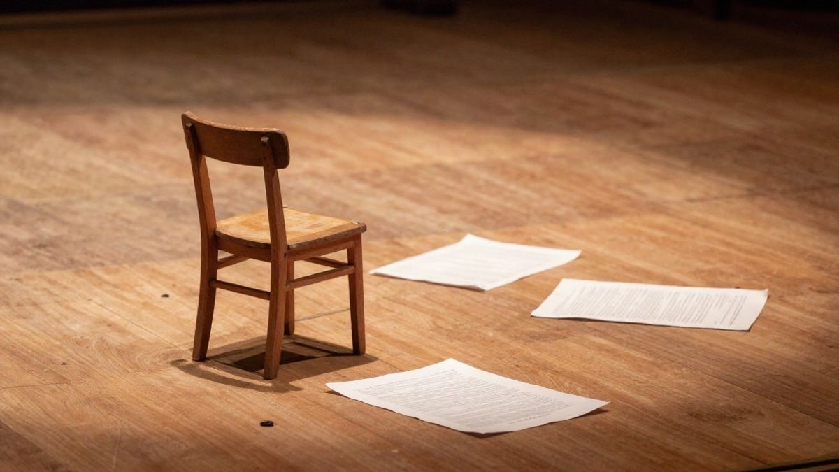 Imagen ilustrativa: detalle de un escenario de madera con una silla y un guion teatral bajo un foco de luz