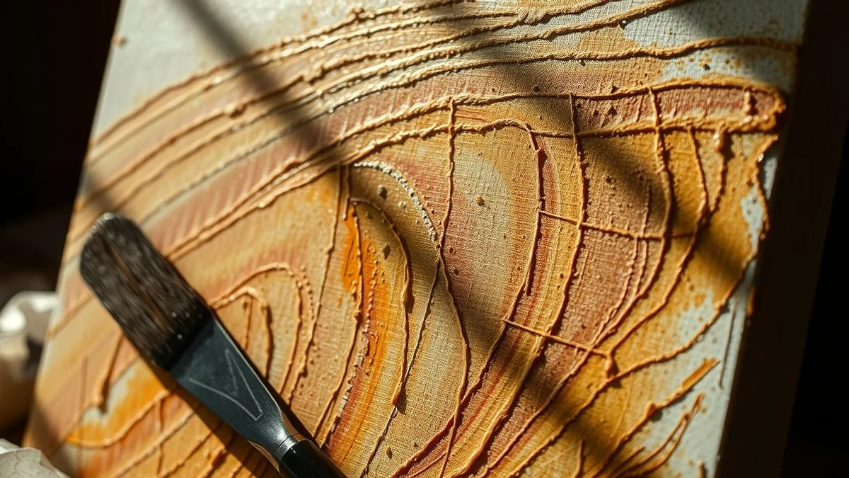Detail of a canvas with earth-toned oil paint, with a spatula and crumpled paper beside it, illuminated by natural light.
