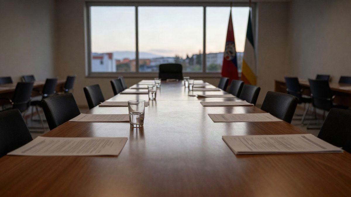Imagen ilustrativa: sala de reuniones municipal vacía con una mesa larga de madera y luz natural