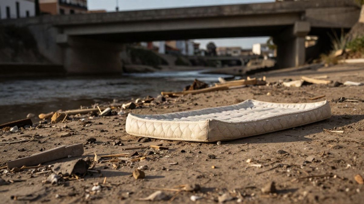 Illustrative image: a dry riverbed under a bridge with remnants of belongings and abandoned mattresses