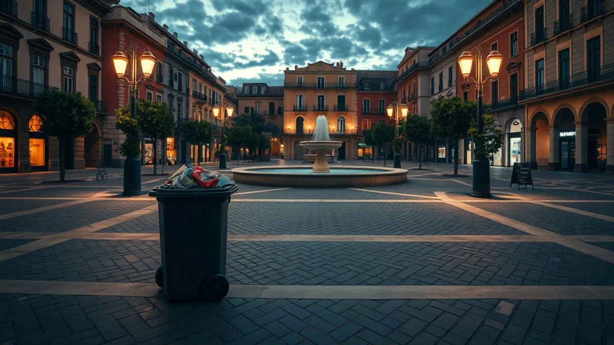 Illustrative image: empty square at sunset with a waste container in the foreground.