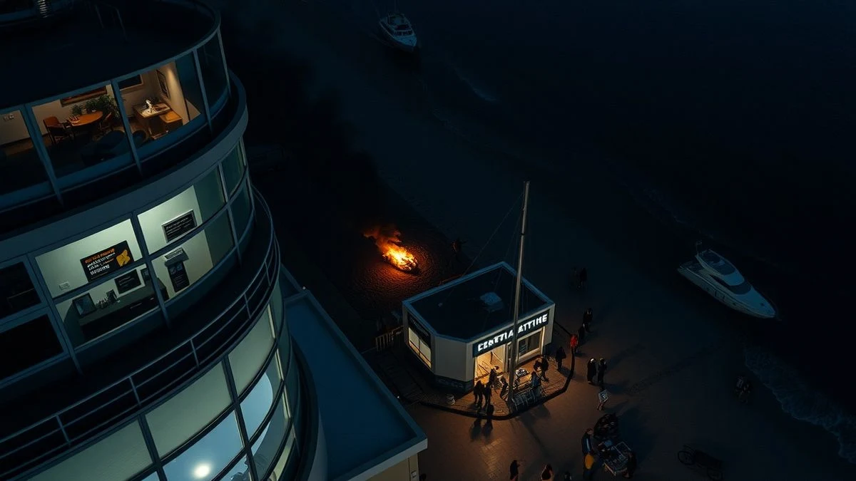 Illustrative image: aerial night view of a coastal seafront with smoke and emergency lights