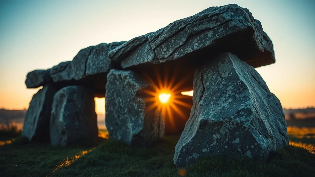 Primer plano del dolmen de Menga en Antequera con luz de atardecer