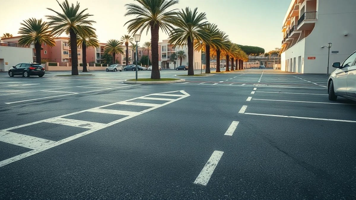 Imagen ilustrativa: una zona de aparcamiento en superficie recién asfaltada con plazas señalizadas en blanco, rodeada de edificios y palmeras, al atardecer.