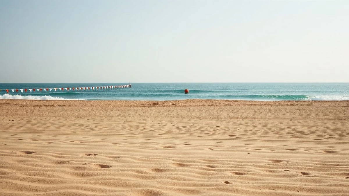 Imagen ilustrativa: playa con boyas de recorrido de natación en el mar, al atardecer.