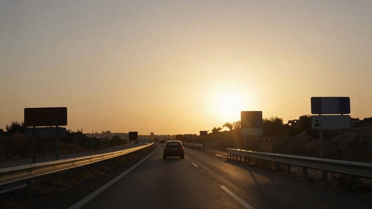Imagen ilustrativa: carretera española al atardecer con un coche desenfocado y sombras largas
