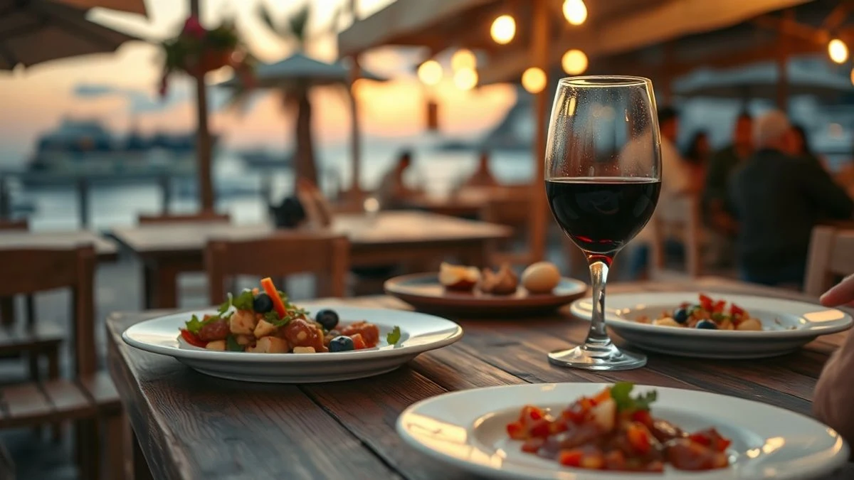 Imagen ilustrativa: mesa de madera con tapas y vino en un mercado gastronómico al atardecer, con luces de fondo y el mar al fondo