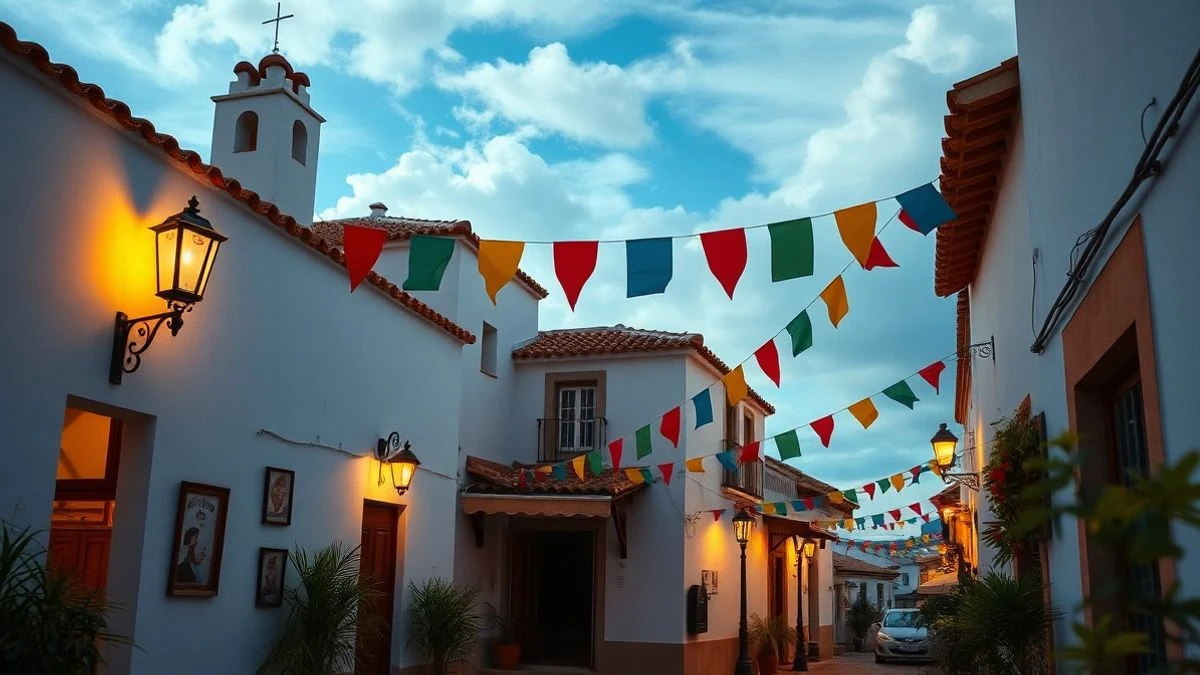 Illustrative image: Andalusian street decorated with garlands and lights for a fair, without people.