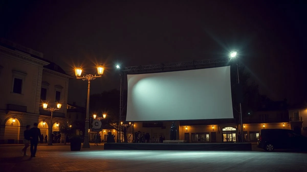 Pantalla gigante en una plaza de Málaga iluminada por focos por la noche