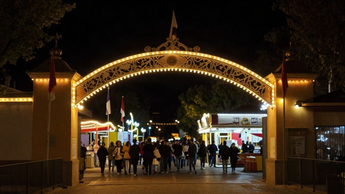 Imagen ilustrativa: entrada de un recinto ferial iluminada de noche con luces cálidas y siluetas de público al fondo