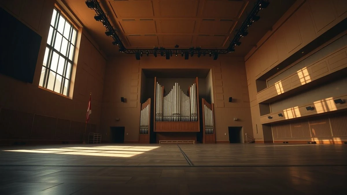 Empty stage of a modern auditorium with natural light and a pipe organ in the background